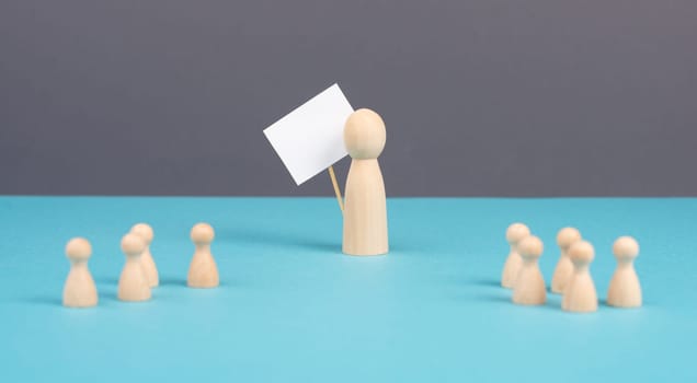 Group of people, teacher with children, manager recruiting workers, standing out from the crowd, teamwork and leadership, man holds empty sign