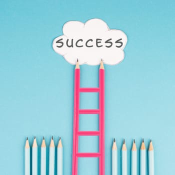 Ladder of success build with pencils, opportunity strategy, blue background, copy space for text, step by step concept, progress in business and education, have a goal