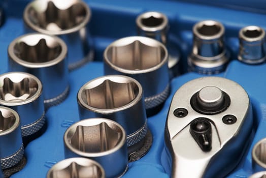New socket wrench set in a blue tool box