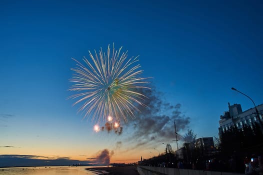 Colorful fireworks on the background of the sky on the river bank. High quality photo