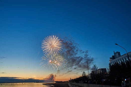 Colorful fireworks on the background of the sky on the river bank. High quality photo