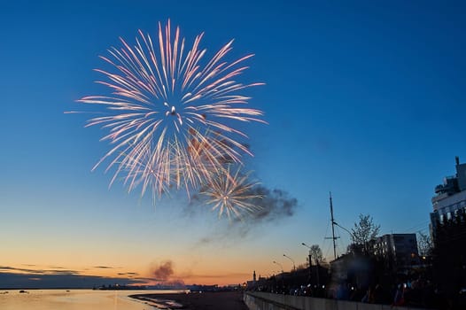 Colorful fireworks on the background of the sky on the river bank. High quality photo