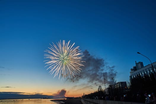 Colorful fireworks on the background of the sky on the river bank. High quality photo