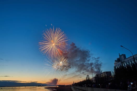 Colorful fireworks on the background of the sky on the river bank. High quality photo