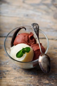 Ice cream scoops on rustic wooden table