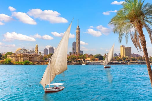Feluccas in the Nile in front of the Tower of Cairo, Egypt.