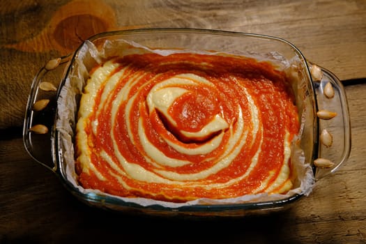 Homemade pumpkin pie cheesecake. Orange dessert. vertical image. top view