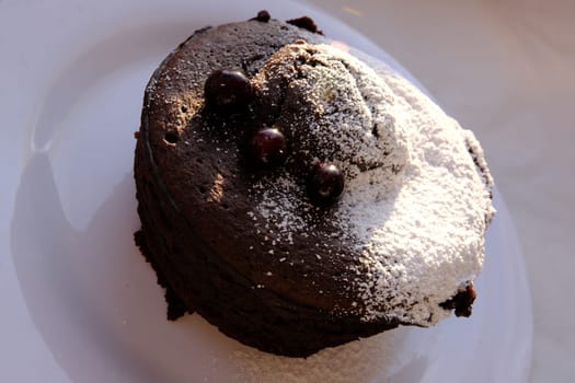 Homemade sweet cholocate cake with powdered sugar served on white plate side view
