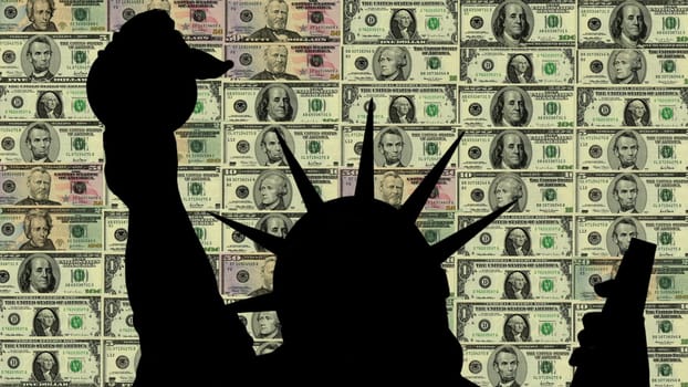 Statue of liberty against many banknotes