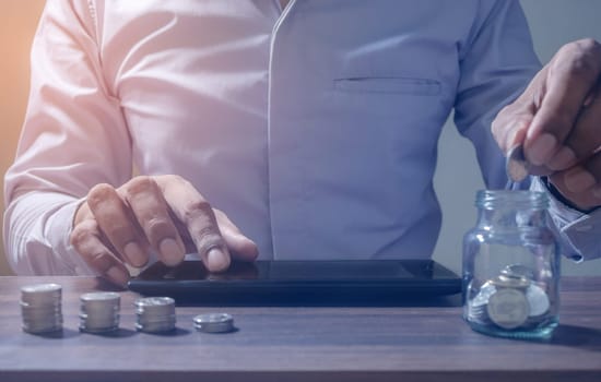 Online Banking Savings Concept, Online Investment Savings, Online Stock Investors, Internet Financial Transactions, Save Monney for Investors Using Internet to Trade Stocks or Trade Fund, Vintage
