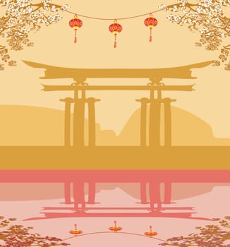 Abstract card with Asian buildings and cherry blossoms