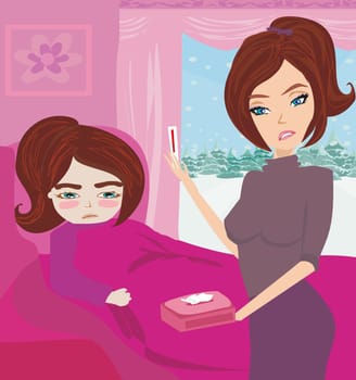 mother checking temperature of sick daughter lying in bed