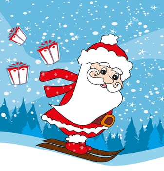 Christmas cartoon character, skiing Santa Claus