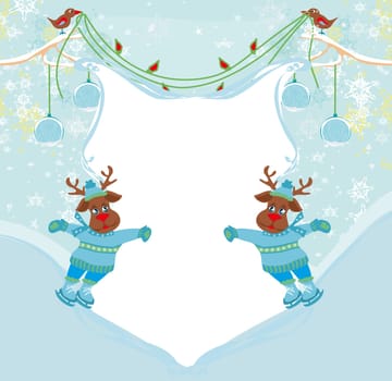 Christmas reindeer with scarf skates on ice - abstract frame