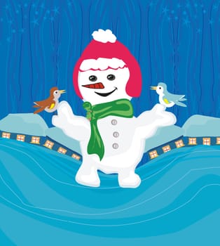 snowman with a scarf and bird sitting on his hand