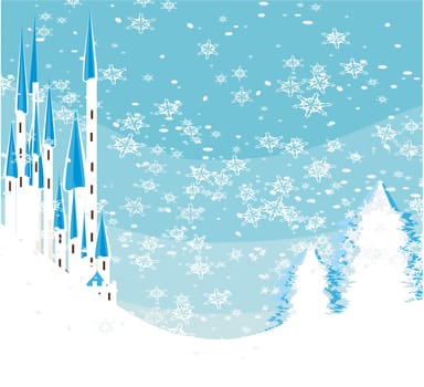 Winter landscape with castle.