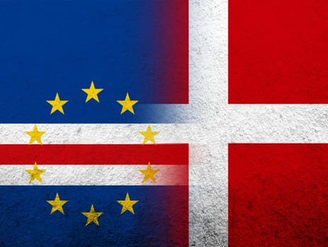 the Kingdom of Denmark National flag with Cape Verde National flag. Grunge Background