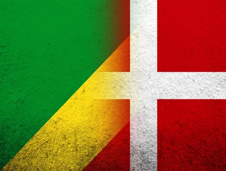 the Kingdom of Denmark National flag with Congo-Brazzaville National flag. Grunge Background