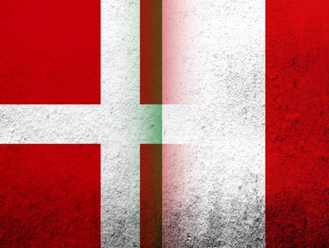 the Kingdom of Denmark National flag with National flag of Italy. Grunge Background
