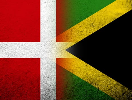 the Kingdom of Denmark National flag with National flag of Jamaica. Grunge Background