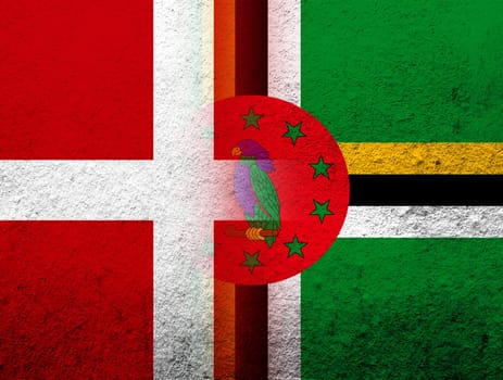 the Kingdom of Denmark National flag with Dominica National flag. Grunge Background
