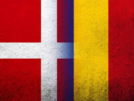 the Kingdom of Denmark National flag with National flag of Romania. Grunge Background