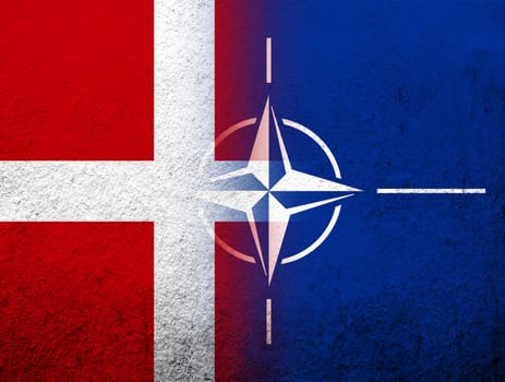 the Kingdom of Denmark National flag with Flag of North Atlantic Alliance NATO. Grunge Background