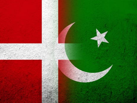 the Kingdom of Denmark National flag with Islamic Republic of Pakistan National flag. Grunge Background