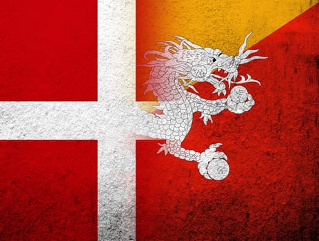 the Kingdom of Denmark National flag with Kingdom of Bhutan National flag. Grunge Background