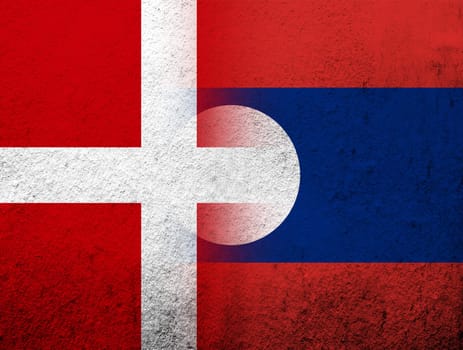 the Kingdom of Denmark National flag with Laos National flag. Grunge Background