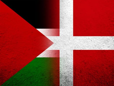 the Kingdom of Denmark National flag with Flag of Palestine. Grunge Background
