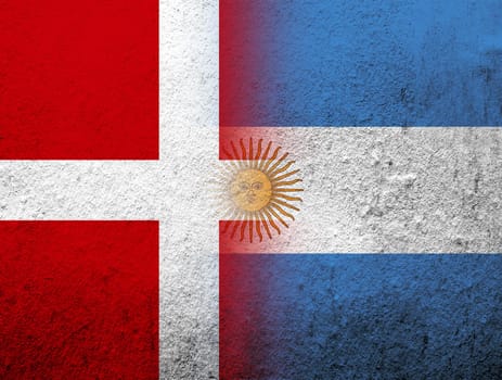 the Kingdom of Denmark National flag with National flag of Argentina. Grunge Background