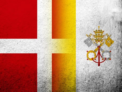 the Kingdom of Denmark National flag with National flag of Vatican City. Grunge Background