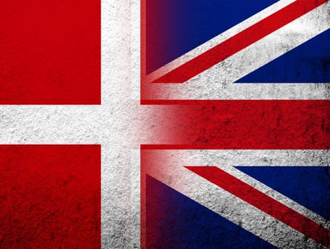 the Kingdom of Denmark National flag with National flag of United Kingdom, Great Britain. Grunge Background