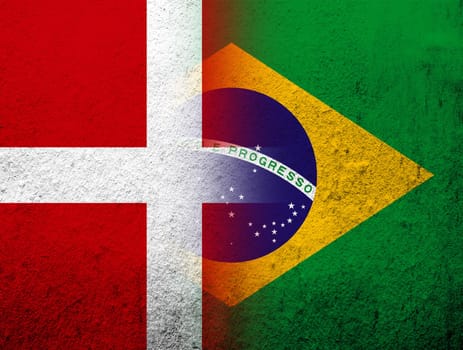 the Kingdom of Denmark National flag with National flag of Brazil. Grunge Background