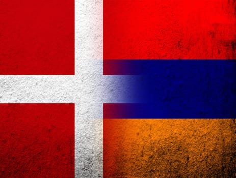 the Kingdom of Denmark National flag with Republic of Armenia  national flag. Grunge Background