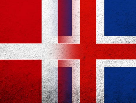 the Kingdom of Denmark National flag with National flag of Iceland. Grunge Background