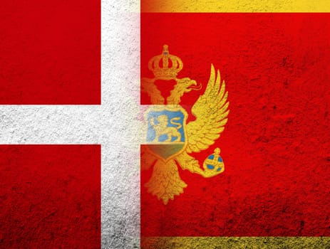 the Kingdom of Denmark National flag with National flag of Montenegro. Grunge Background
