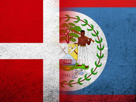 the Kingdom of Denmark National flag with National flag of Belize. Grunge Background