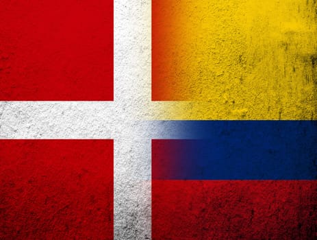 the Kingdom of Denmark National flag with National flag of Colombia. Grunge Background