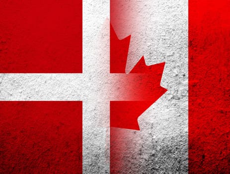 the Kingdom of Denmark National flag with National flag of Canada Maple Leaf. Grunge Background