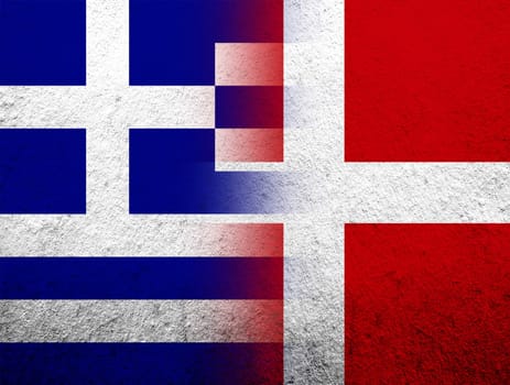 the Kingdom of Denmark National flag with National flag of Greece. Grunge Background