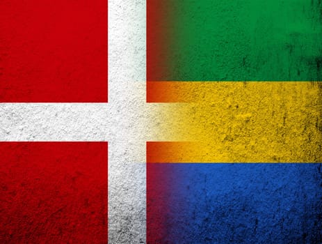 the Kingdom of Denmark National flag with National flag of Gabon. Grunge Background