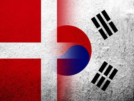 the Kingdom of Denmark National flag with National flag of South Korea. Grunge Background