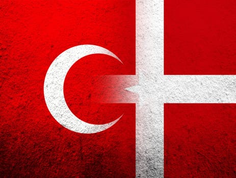the Kingdom of Denmark National flag with National flag of Turkey. Grunge Background