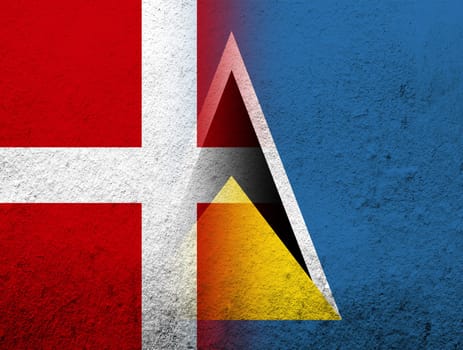 the Kingdom of Denmark National flag with National flag of Saint Lucia. Grunge Background