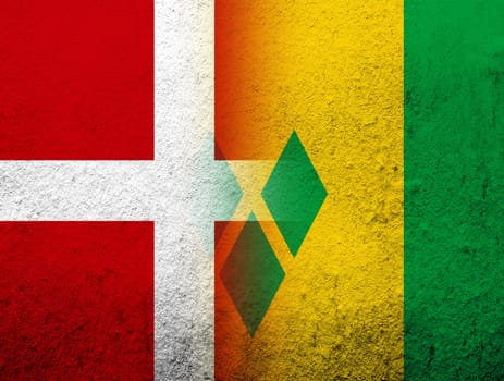 the Kingdom of Denmark National flag with National flag of Saint Vincent and the Grenadines. Grunge Background