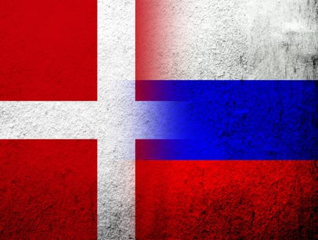 the Kingdom of Denmark National flag with National flag of Russian Federation. Grunge Background