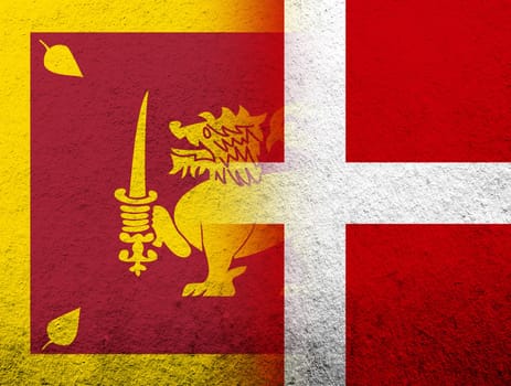 the Kingdom of Denmark National flag with Sri Lanka National flag. Grunge Background