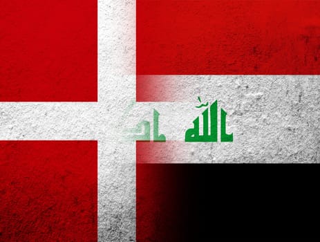 the Kingdom of Denmark National flag with Republic of Iraq National flag. Grunge Background